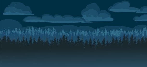 夜晚的松树林。黑暗中针叶树的剪影。云。黑暗的景观水平。全景。精美的插图向量图片下载