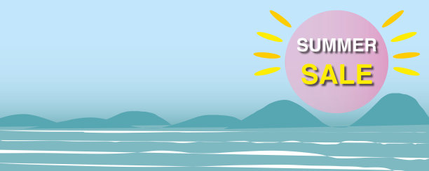 销售标志在粉红色的圆圈，天空和大海的背景。图片下载