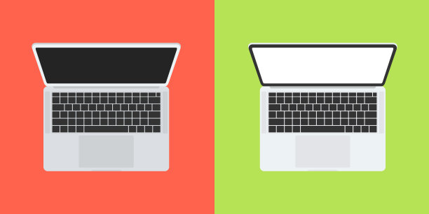 两款笔记本电脑，颜色背景为平面设计风格。前视图。计算机模型。矢量插图。图片下载