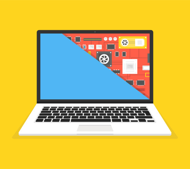 笔记本电脑维修，电脑服务。主板在屏幕上的部分。矢量插图。图片下载