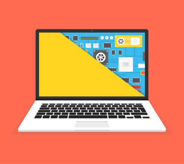 笔记本电脑维修，电脑服务。主板在屏幕上的部分。矢量插图。图片下载