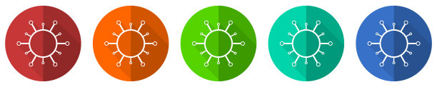 病毒图标集，冠状病毒，covid-19，感染，红色，蓝色，绿色和橙色平面设计网页按钮隔离在白色背景，矢量插图图片下载