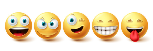 笑脸向量集。笑脸符号是黄色的表情符号，带有搞笑、眨眼和淘气的面部表情图片下载
