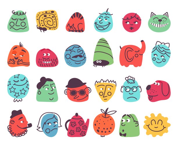 抽象的情绪面孔。朋友脸的头像，消极快乐的表情。微笑的人，孤立的涂鸦新潮正派的矢量人物图片下载