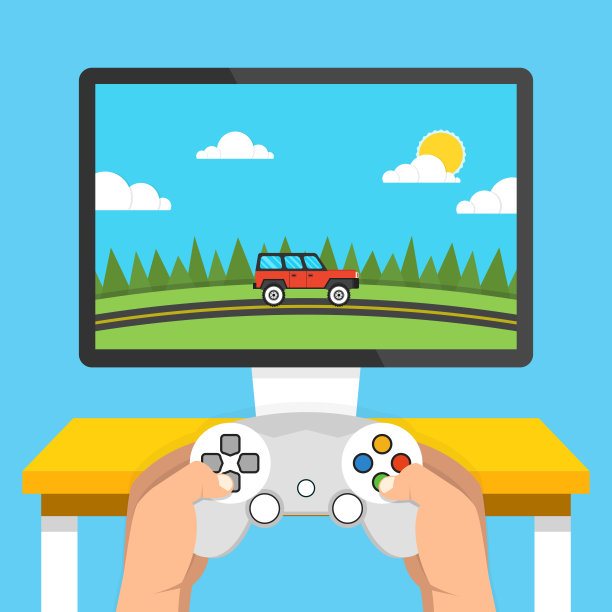 游戏的概念。手持游戏手柄的男子在玩电子竞技游戏。平的卡通风格。矢量插图。图片下载