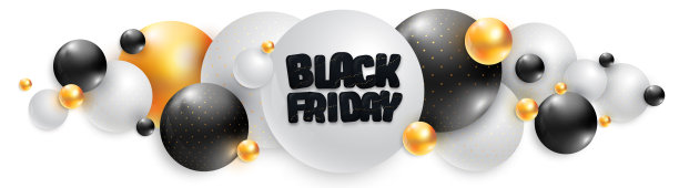 黑色星期五销售海报与3D抽象黑色，白色和金色球体。字体设计海报。矢量图图片下载