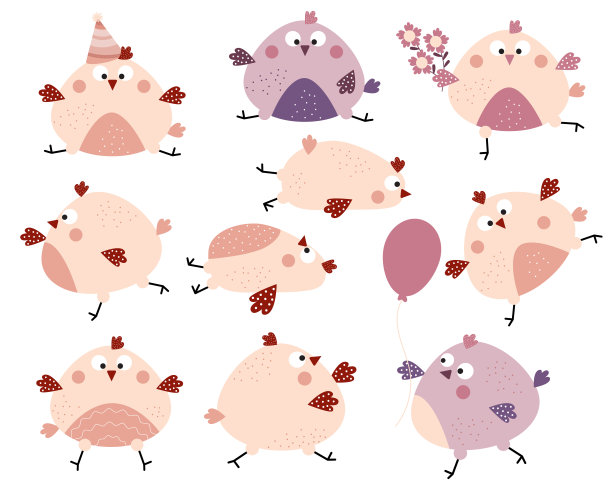 一组有趣可爱的小鸟。装饰各种小鸡，一只母鸡带着花，一只公鸡带着气球，坐着跑着。矢量插图。孤立。用于设计和装饰的字符图片下载