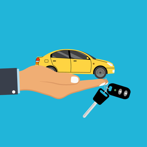 手掌心握着汽车和钥匙，手指上有报警系统钥匙链。概念汽车代理，销售和租赁汽车运输。向量图片下载