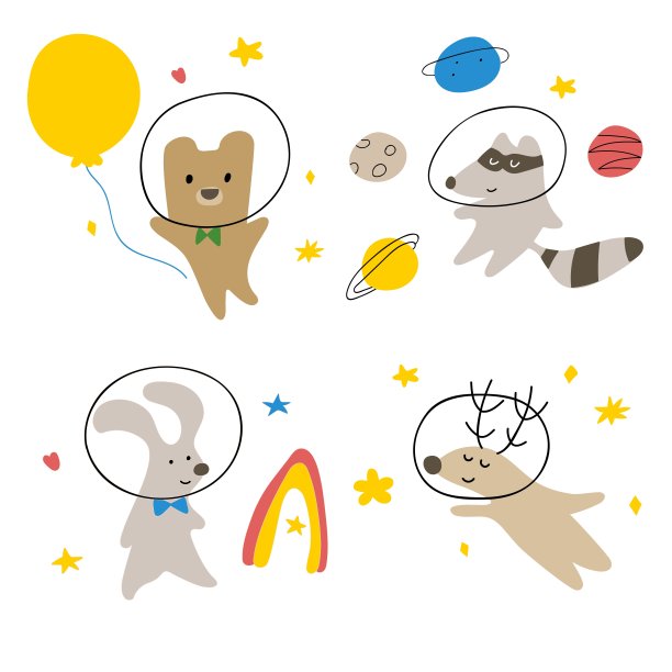 一组可爱的动物在太空。图片下载