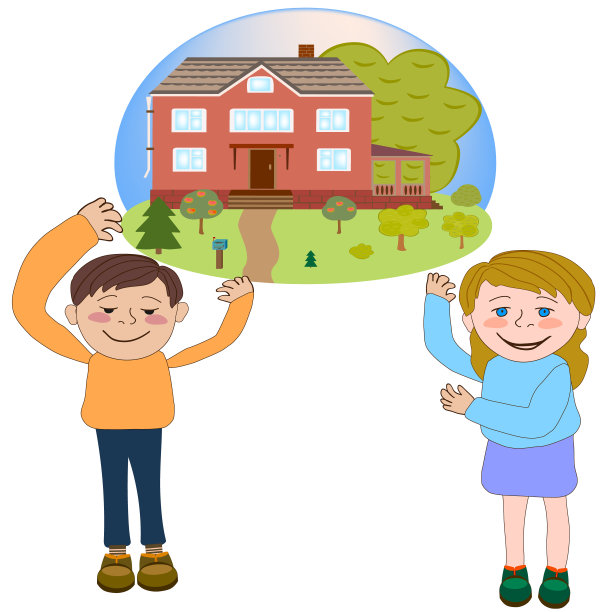 两层小屋的梦想。一个男人和一个女人梦想着搬到自己的家里。矢量插图孤立的白色背景。图片下载