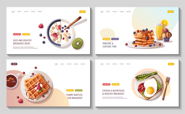 一套健康饮食，营养，烹饪，早餐菜单，甜点，食谱，糕点，新鲜食物的网页。图片下载