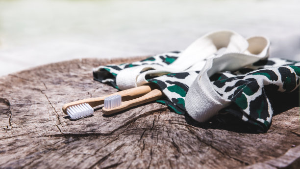 环保袋装两支白色和黄色环保竹制牙刷，木质背景。无塑料可持续生活方式的象征图片下载