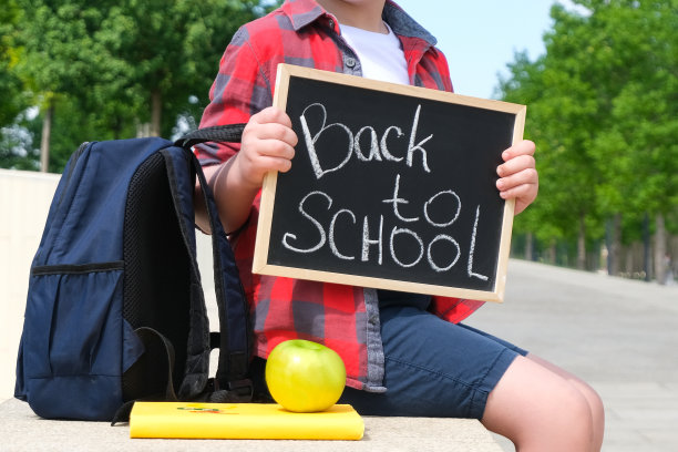 在去学校的路上，一个男孩手里拿着一个牌子。回到学校。图片下载