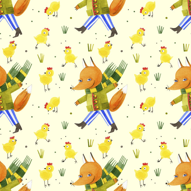 一只狐狸在喂鸡。可爱的卡通动物。在黄色背景上手绘水彩插图。适用于明信片、包装、纺织品、印刷品、墙纸、儿童设计。图片下载