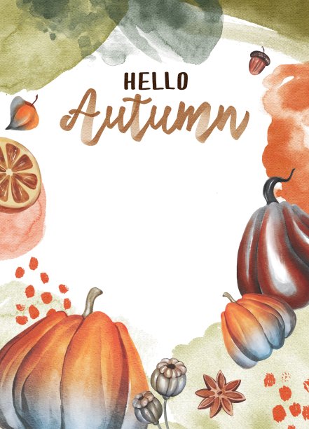 水彩手绘秋饰背景用刻字。用于海报，印刷，卡片，明信片，横幅，丰收节，商店，纺织品，模板，婚礼，生日图片下载