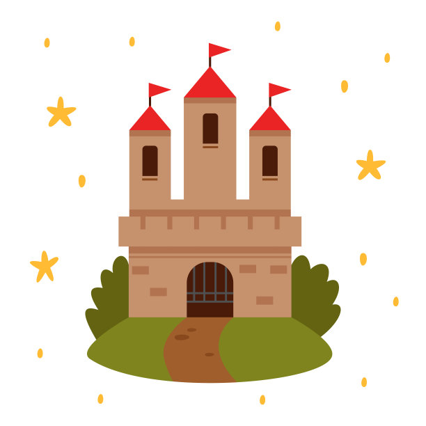 童话般的风景与城堡。白塔配红旗，仙宫或魔堡王国。矢量平面插图。图片下载