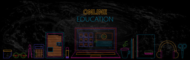 回到学校。在线教育概念设计用电脑、平板电脑、笔记本电脑、学习用品。霓虹色线艺术数字学校图标背景，咖啡，耳机，计算器图片下载