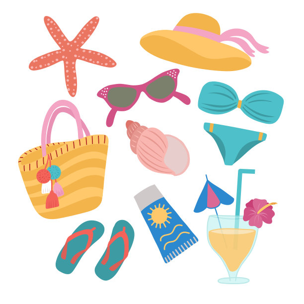 在白色背景上设置夏季元素图片下载