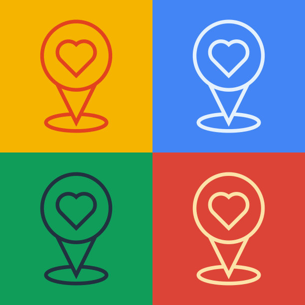 波普艺术线地图指针与心脏图标孤立图片下载