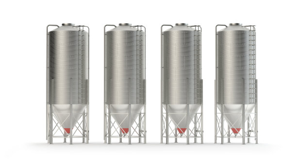 四个钢粮筒仓孤立在白色，3d插图图片下载