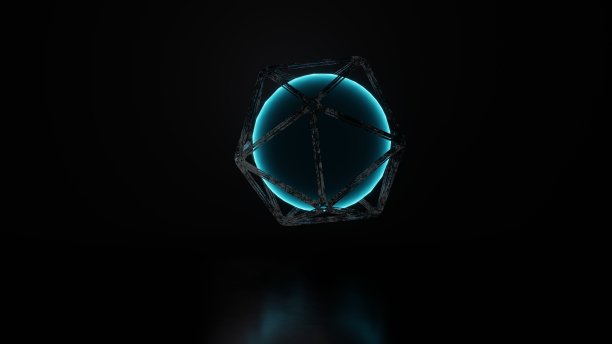 金属框架中的发光球体。科幻的抽象。旋转的圆。图片下载