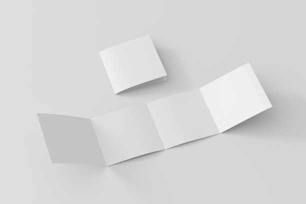 方形双门折叠宣传册。四格，八页空白传单。在白色背景上模拟演示设计。折叠和正面。图片下载
