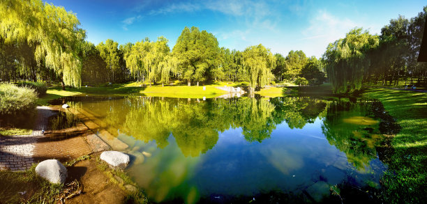 美丽多彩的夏季和春天的景观与湖泊公园有许多树木和石头。图片下载