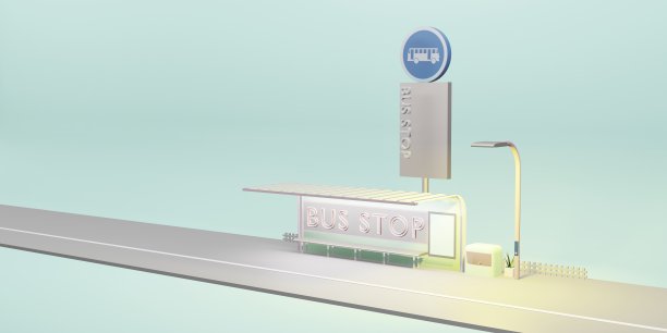 公交车站卡通城市公共交通3D插图图片下载