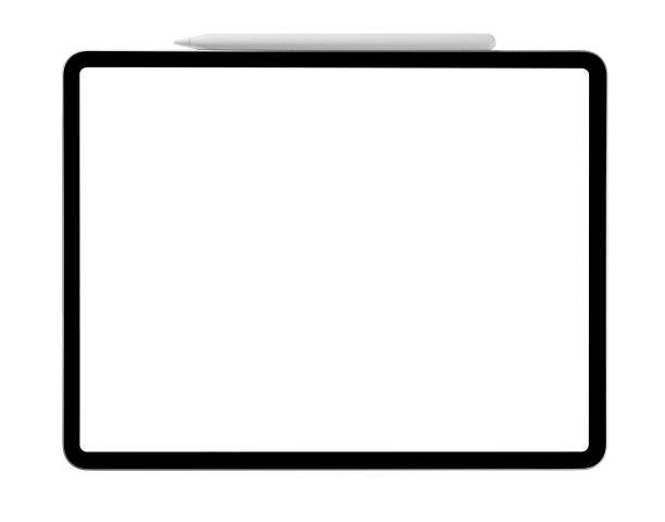 空白屏幕平板电脑与数字笔隔离在白色背景图片下载