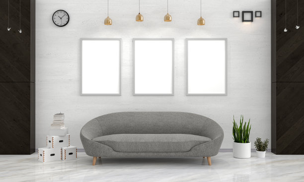 灰色沙发在白色客厅与模型框架，3D渲染图片下载