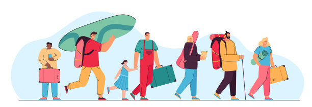 快乐的旅行团带着旅行箱行走图片下载