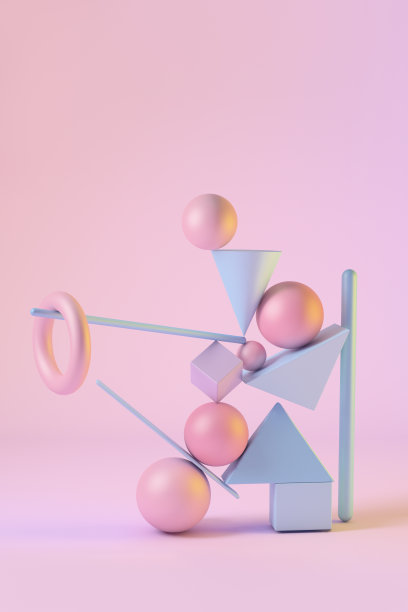 抽象三维渲染场景的几何形状在平衡。球形，三角形，正方形，公牛，粉色和蓝色的圆锥。图片下载