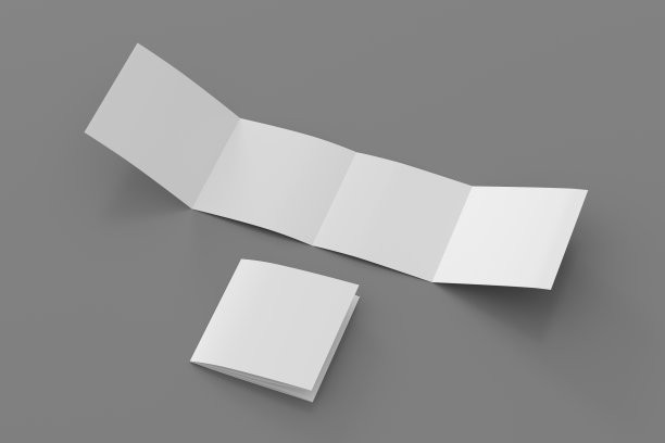方形双门折叠宣传册。四格，八页空白传单。在灰色背景上模拟演示设计。折叠和正面。图片下载