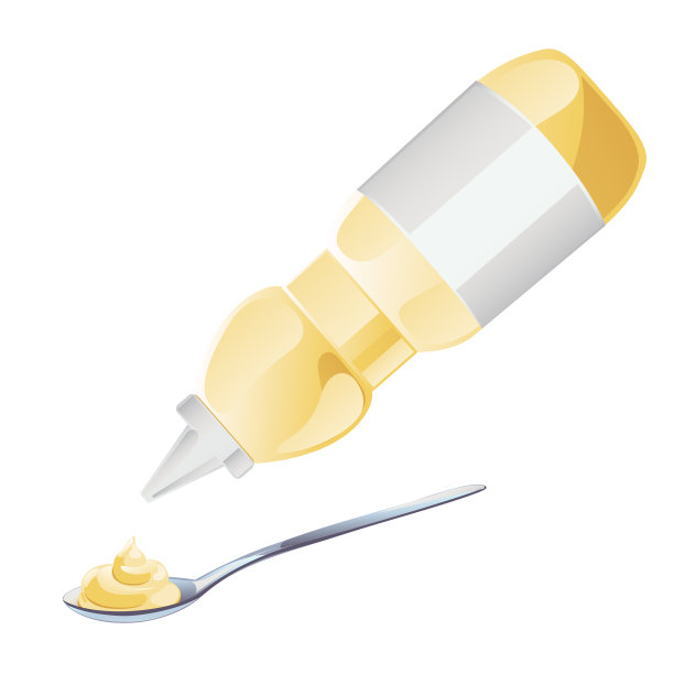 蛋黄酱在金属勺子在卡龙扁风格。图片下载