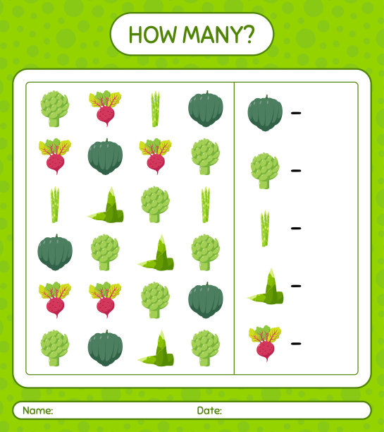有多少数菜游戏。学龄前儿童的工作表，儿童活动表，可打印的工作表图片下载