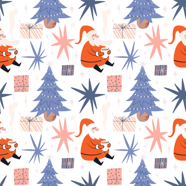 圣诞无缝图案与圣诞老人。节日亮色图案配一棵圣诞树和礼物。矢量股票插图上的白色背景。图片下载