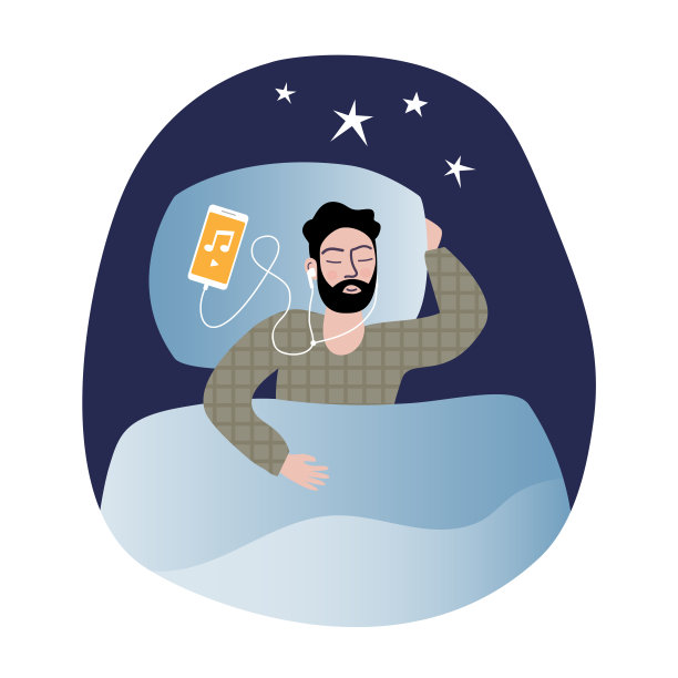 男人戴着耳机睡着了。聆听放松的声音。图片下载