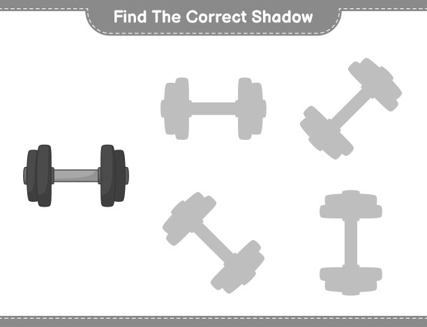 找到正确的阴影。找出并匹配哑铃的正确影子。教育儿童游戏，可打印的工作表，矢量插图图片下载