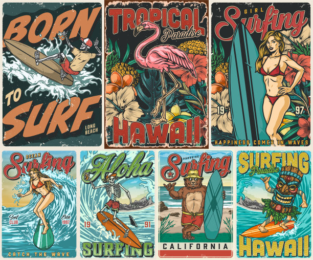 复古彩色冲浪海报集图片下载