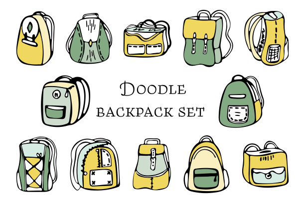 涂鸦背包设置孤立的白色背景。手绘卡通背包。学校的元素。回到学校。矢量插图。图片下载