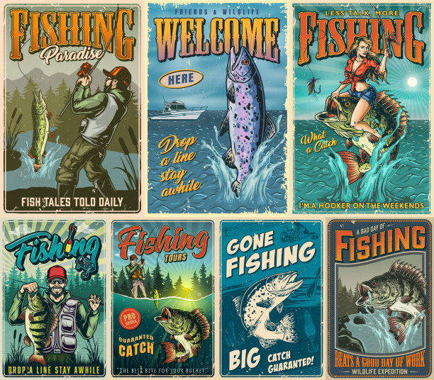钓鱼复古海报构图图片下载