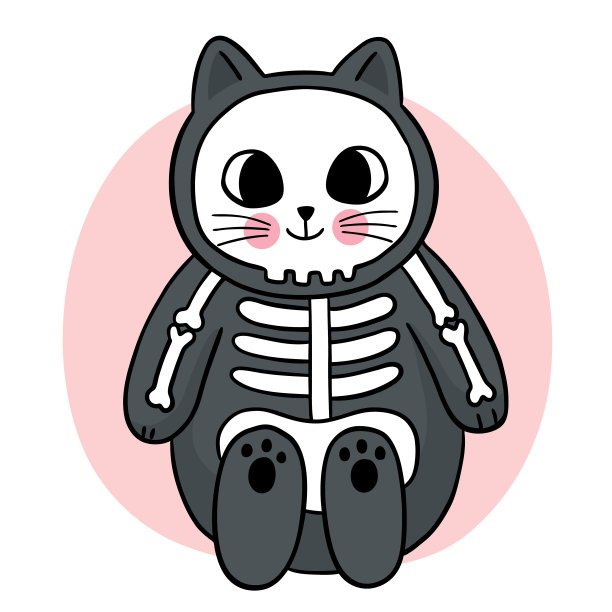 卡通可爱的手画骷髅黑猫，万圣节矢量。图片下载