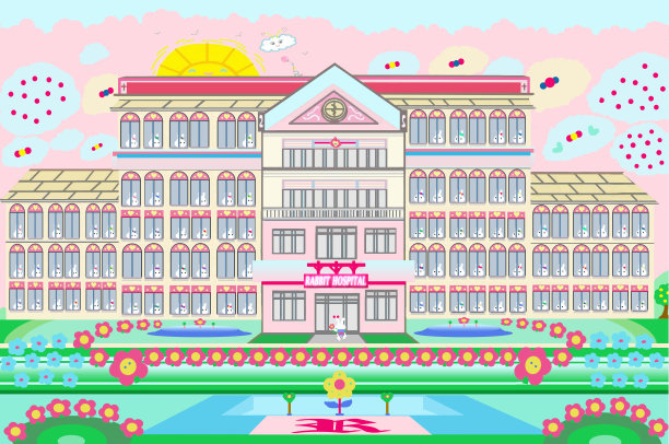 鲜艳色彩的五层经典兔兔医院大楼卡通风格儿童艺术插画2021图片下载