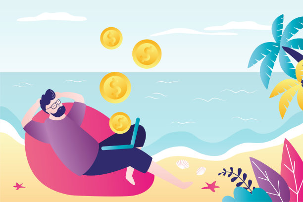 男性角色在网上赚钱。年轻的商人用手提电脑工作。财务自由和远程工作的概念图片下载