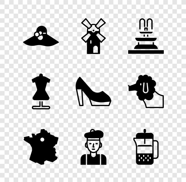 设置优雅的女人帽子，风车，喷泉，法国地图，法国男人，出版社，人体模型和女人鞋图标。向量图片下载