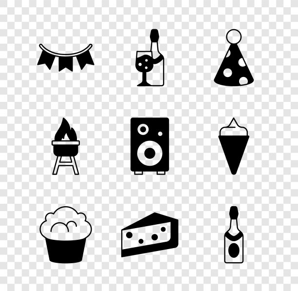 设置嘉年华花环旗，香槟瓶，派对帽，松饼，一块蛋糕，烧烤架和立体声扬声器图标。向量图片下载
