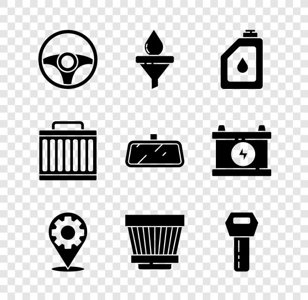 设置方向盘，漏斗和油滴，发动机罐，汽车服务，空气过滤器，钥匙与遥控器，散热器冷却系统和镜子图标。向量图片下载