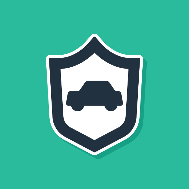 带盾牌图标的蓝色汽车被隔离在绿色上图片下载