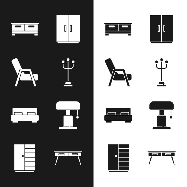 设置衣帽架，扶手椅，五斗柜，衣柜，大床，台灯，办公桌和图标。向量图片下载