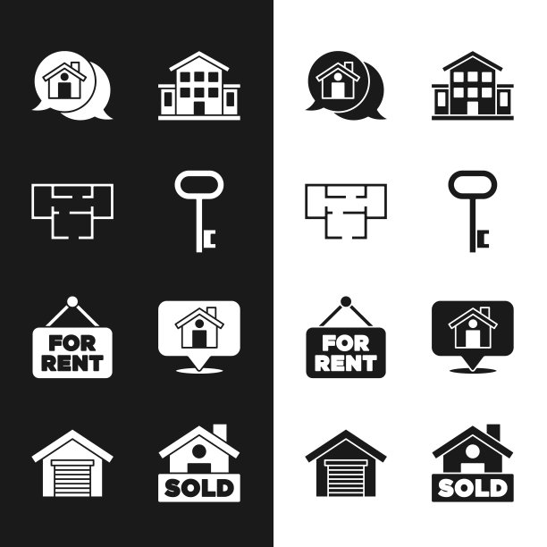 设置房子钥匙，计划，房地产信息房子，悬挂的标志为出租，位置，文字出售和车库图标。向量图片下载